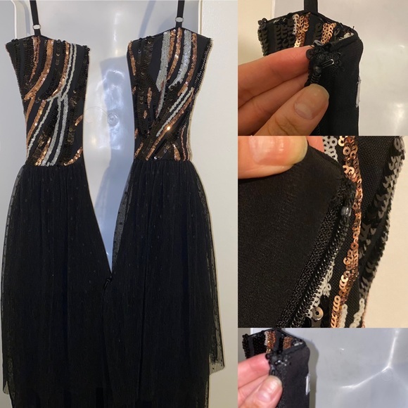 DRESS THE POPULATION Block Print Tiered Dress Black MultiColor Sequin Size XS - Picture 3 of 15